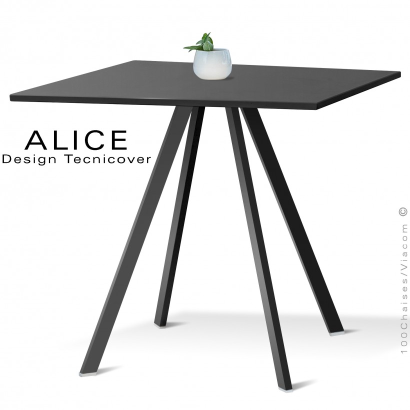 Table repas design ALICE, pour C.H.R. et extérieur, structure acier peint noir, plateau rond ou carré.