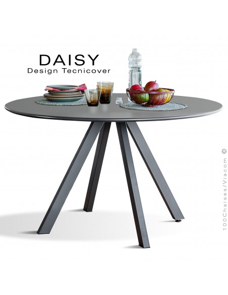 Table rond design DAISY, 6 à 8 personnes pour C.H.R. et extérieur ou domestique, acier galvanisé peint anthracite.