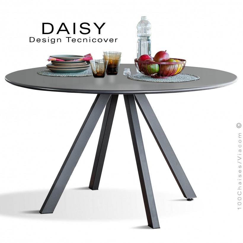 Table rond design DAISY, 6 à 8 personnes pour C.H.R. et extérieur ou domestique, acier galvanisé peint anthracite.