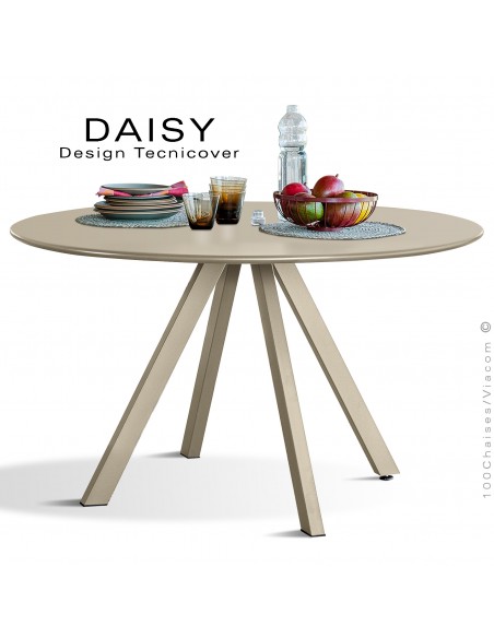 Table rond design DAISY, 6 à 8 personnes pour C.H.R. et extérieur ou domestique, acier galvanisé peint beige.