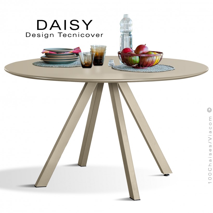 Table rond design DAISY, 6 à 8 personnes pour C.H.R. et extérieur ou domestique, acier galvanisé peint beige.