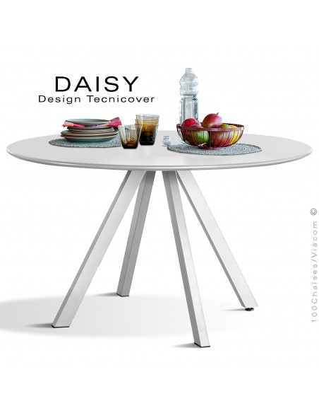 Table rond design DAISY, 6 à 8 personnes pour C.H.R. et extérieur ou domestique, acier galvanisé peint blanc.