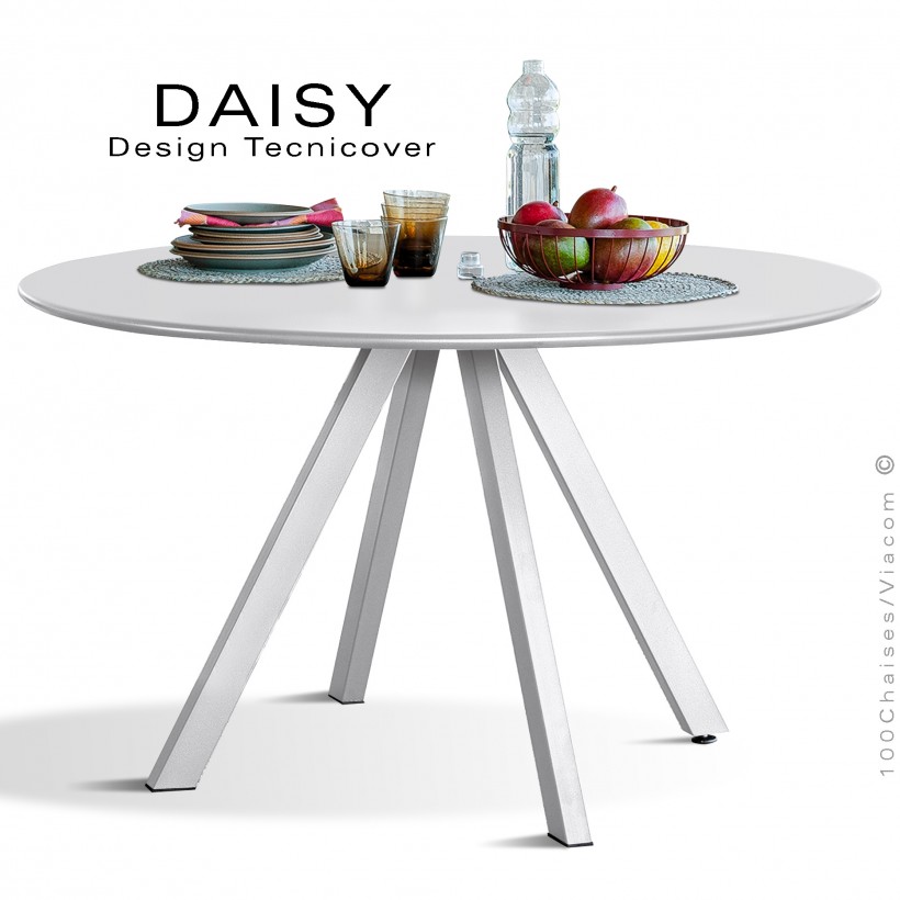 Table rond design DAISY, 6 à 8 personnes pour C.H.R. et extérieur ou domestique, acier galvanisé peint blanc.