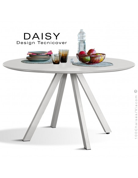 Table rond design DAISY, 6 à 8 personnes pour C.H.R. et extérieur ou domestique, acier galvanisé peint blanc perle.