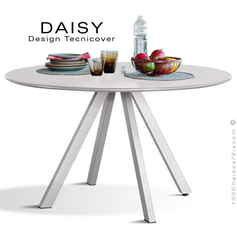 Table rond design DAISY, 6 à 8 personnes pour C.H.R. et extérieur ou domestique, acier galvanisé peint blanc perle.