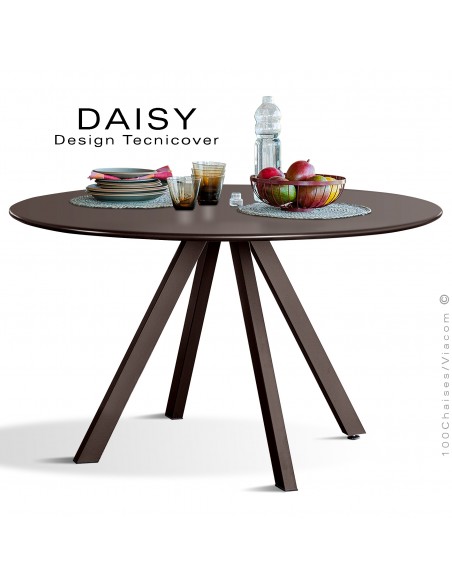 Table rond design DAISY, 6 à 8 personnes pour C.H.R. et extérieur ou domestique, acier galvanisé peint bronze.