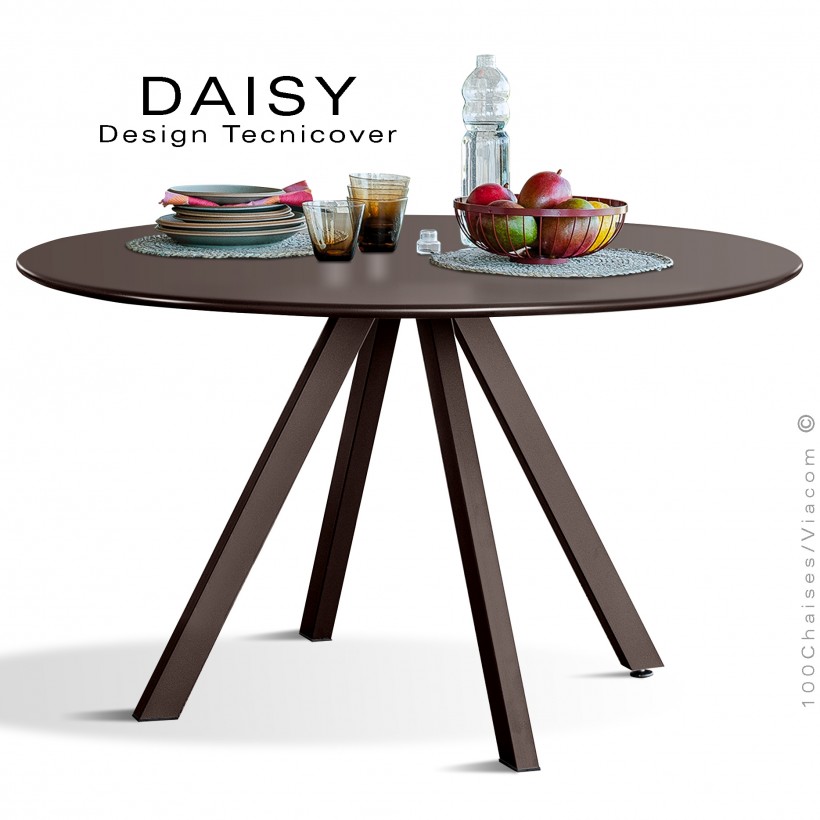 Table rond design DAISY, 6 à 8 personnes pour C.H.R. et extérieur ou domestique, acier galvanisé peint bronze.