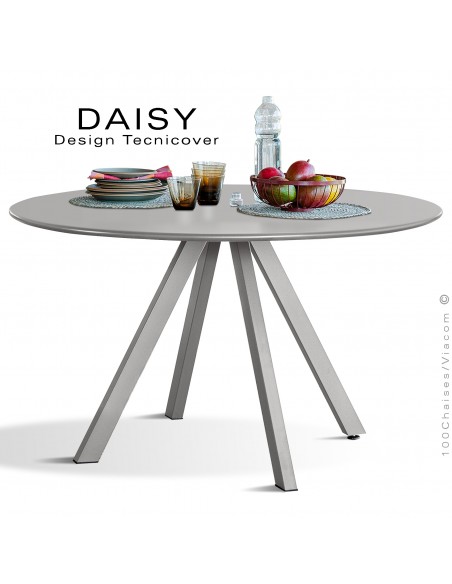 Table rond design DAISY, 6 à 8 personnes pour C.H.R. et extérieur ou domestique, acier galvanisé peint gris Tourterelle.