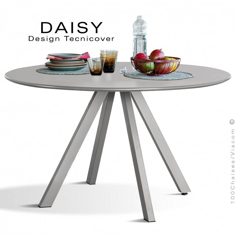 Table rond design DAISY, 6 à 8 personnes pour C.H.R. et extérieur ou domestique, acier galvanisé peint gris Tourterelle.