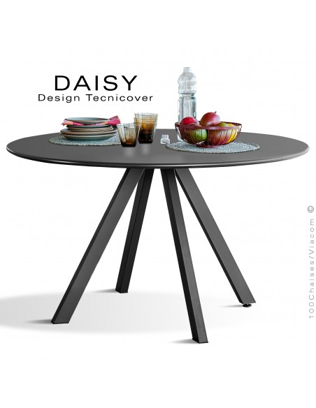 Table rond design DAISY, 6 à 8 personnes pour C.H.R. et extérieur ou domestique, acier galvanisé peint noir.