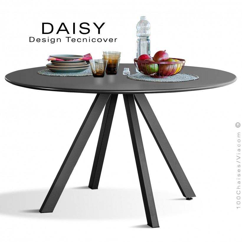 Table rond design DAISY, 6 à 8 personnes pour C.H.R. et extérieur ou domestique, acier galvanisé peint noir.