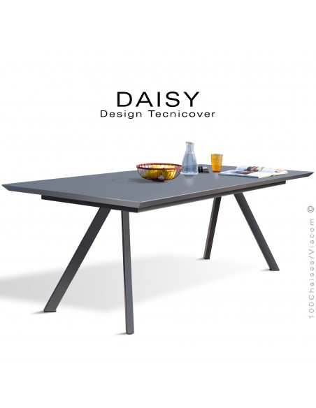 Table rectangulaire repas design DAISY, pour C.H.R. et extérieur, structure acier galvanisé peint anthracite, plateau 185x90 cm.