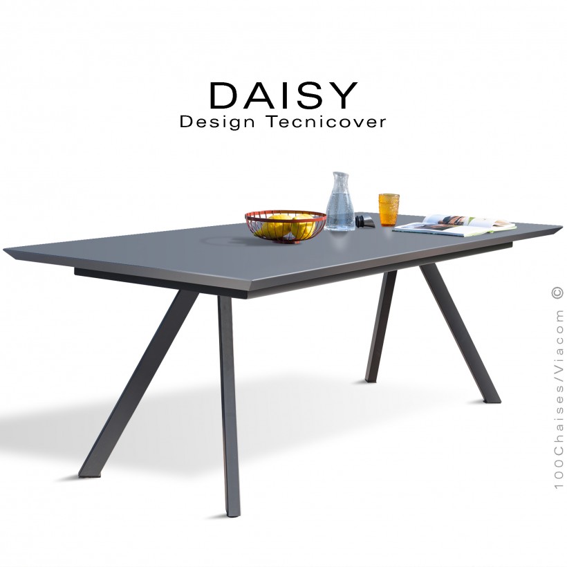 Table rectangulaire repas design DAISY, pour C.H.R. et extérieur, structure acier galvanisé peint anthracite, plateau 185x90 cm.