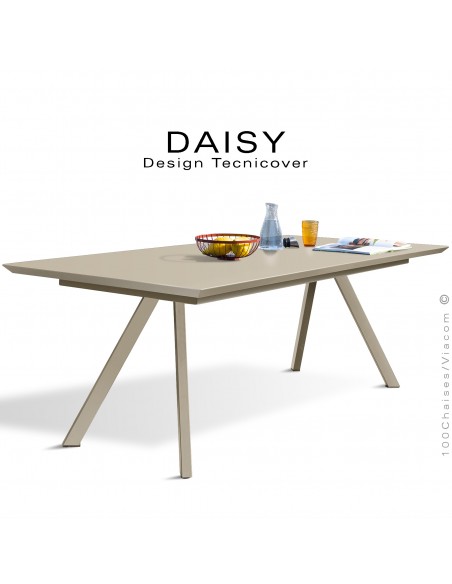 Table rectangulaire repas design DAISY, pour C.H.R. et extérieur, structure acier galvanisé peint beige, plateau 185x90 cm.