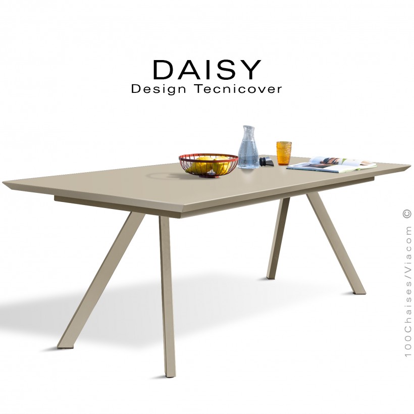 Table rectangulaire repas design DAISY, pour C.H.R. et extérieur, structure acier galvanisé peint beige, plateau 185x90 cm.