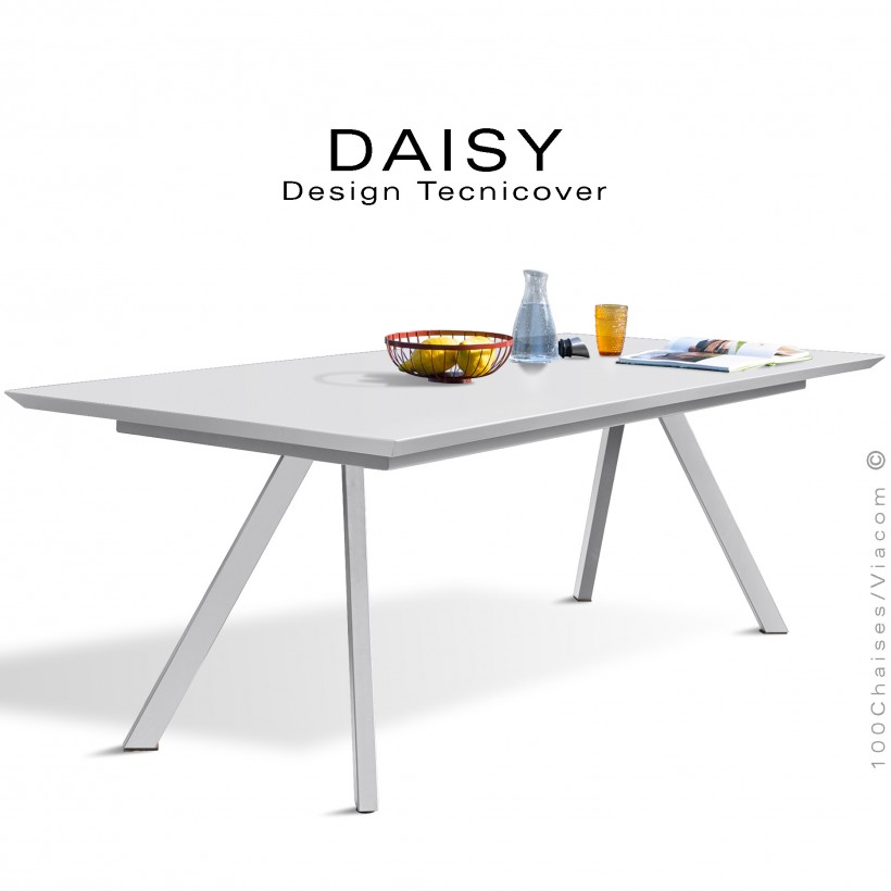 Table rectangulaire repas design DAISY, pour C.H.R. et extérieur, structure acier galvanisé peint blanc, plateau 185x90 cm.