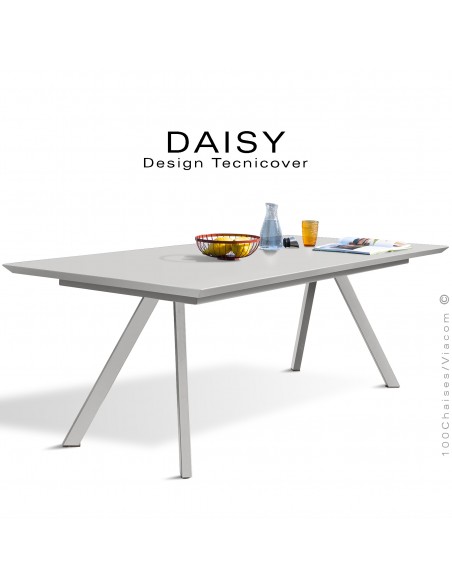 Table rectangulaire repas design DAISY, pour C.H.R. et extérieur, structure acier galvanisé peint blanc perle, plateau 185x90 cm