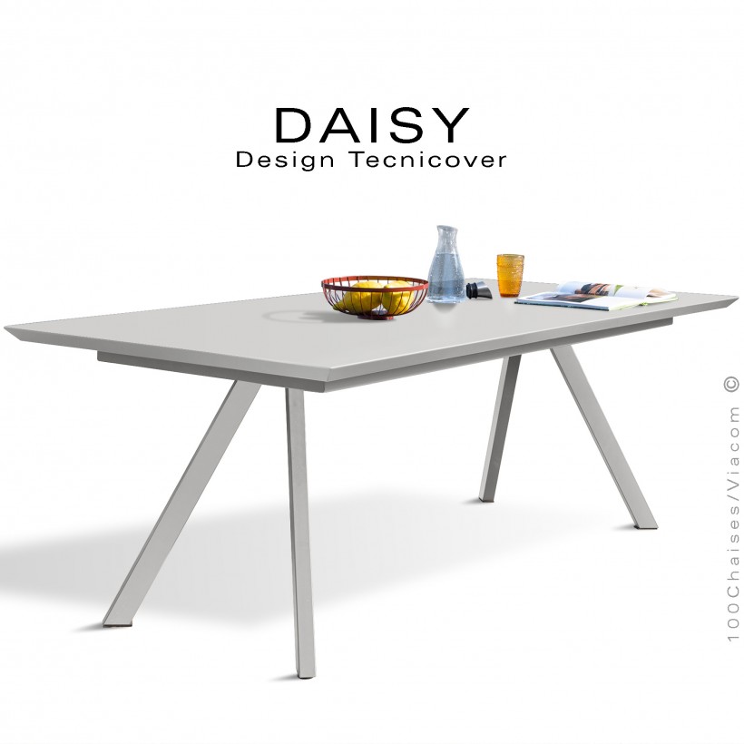 Table rectangulaire repas design DAISY, pour C.H.R. et extérieur, structure acier galvanisé peint blanc perle, plateau 185x90 cm