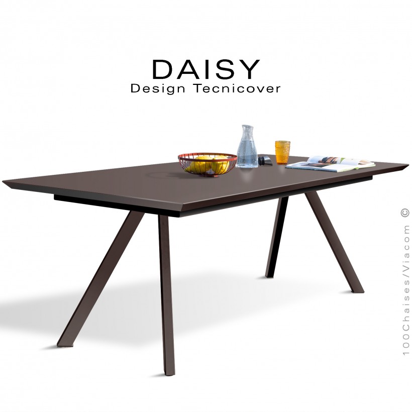 Table rectangulaire repas design DAISY, pour C.H.R. et extérieur, structure acier galvanisé peint bronze, plateau 185x90 cm