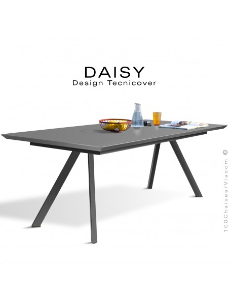 Table rectangulaire repas design DAISY, pour C.H.R. et extérieur, structure acier galvanisé peint noir, plateau 185x90 cm.