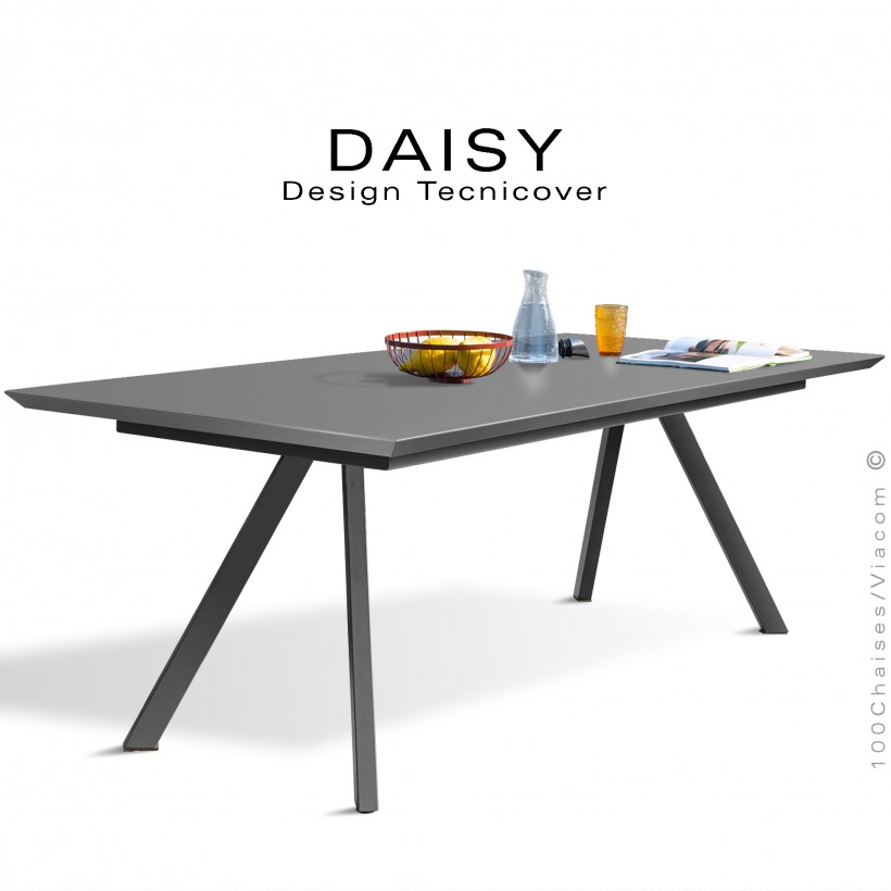 Table rectangulaire repas design DAISY, pour C.H.R. et extérieur, structure acier galvanisé peint noir, plateau 185x90 cm.