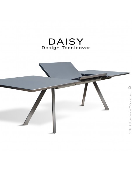 Table rectangulaire avec rallonge ouverte DAISY, pour milieu domestique en extérieur, structure acier peint anthracite.