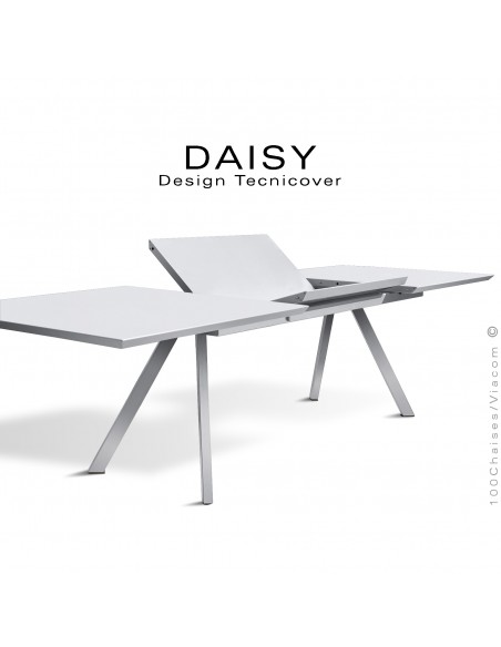 Table rectangulaire avec rallonge ouverte DAISY, pour milieu domestique en extérieur, structure acier peint blanche.