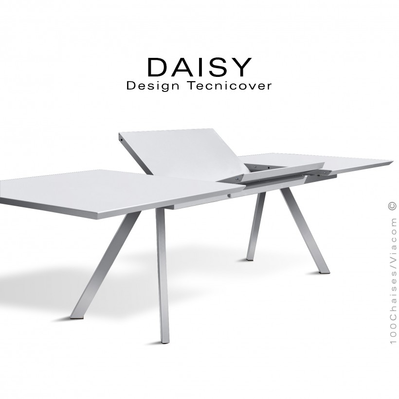 Table rectangulaire avec rallonge ouverte DAISY, pour milieu domestique en extérieur, structure acier peint blanche.