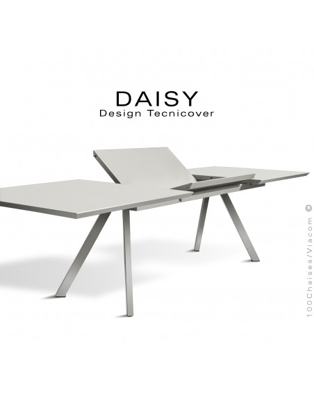 Table rectangulaire avec rallonge ouverte DAISY, pour milieu domestique en extérieur, structure acier peint blanc perle.