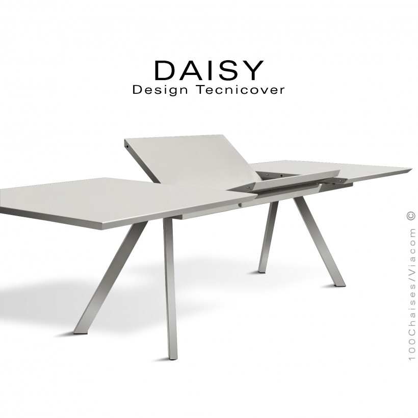 Table rectangulaire avec rallonge ouverte DAISY, pour milieu domestique en extérieur, structure acier peint blanc perle.