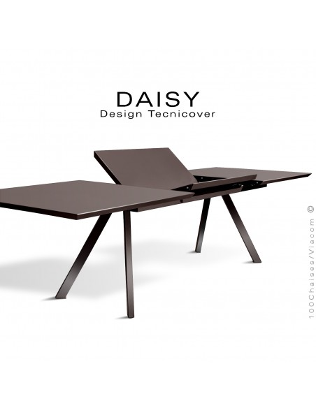 Table rectangulaire avec rallonge ouverte DAISY, pour milieu domestique en extérieur, structure acier peint bronze.