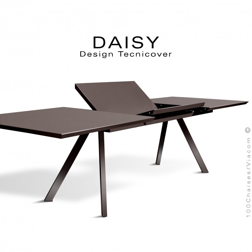 Table rectangulaire avec rallonge ouverte DAISY, pour milieu domestique en extérieur, structure acier peint bronze.