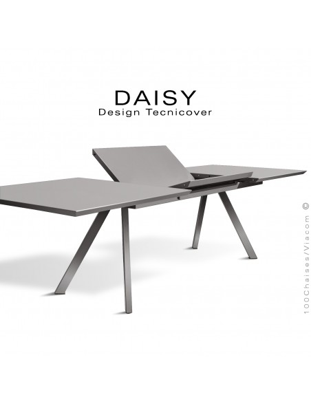 Table rectangulaire avec rallonge ouverte DAISY, pour milieu domestique en extérieur, structure acier peint gris Tourterelle.