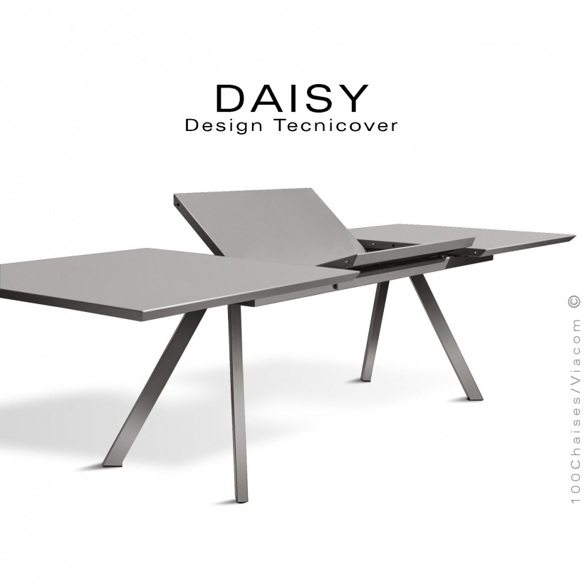 Table rectangulaire avec rallonge ouverte DAISY, pour milieu domestique en extérieur, structure acier peint gris Tourterelle.