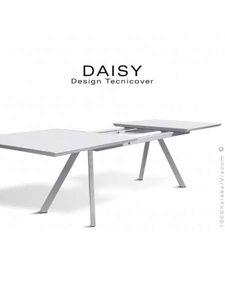 Table rectangulaire avec rallonge ouverte DAISY, pour milieu domestique en extérieur, structure acier peint blanche.