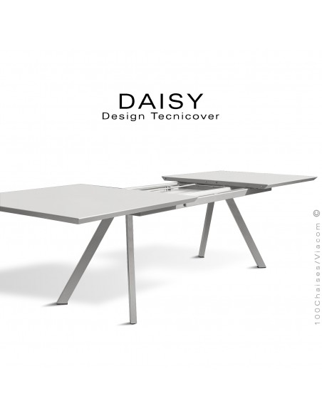 Table rectangulaire avec rallonge ouverte DAISY, pour milieu domestique en extérieur, structure acier peint blanc perle.