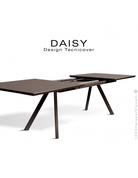 Table rectangulaire avec rallonge ouverte DAISY, pour milieu domestique en extérieur, structure acier peint bronze.