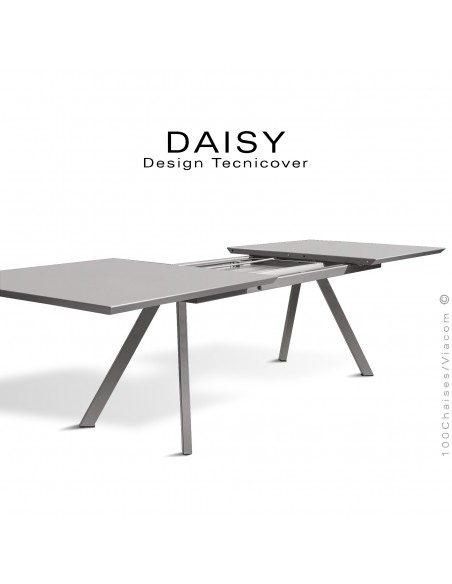 Table rectangulaire avec rallonge ouverte DAISY, pour milieu domestique en extérieur, structure acier peint gris Tourterelle.