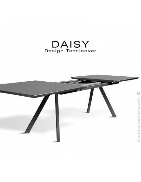 Table rectangulaire avec rallonge ouverte DAISY, pour milieu domestique en extérieur, structure acier peint noir.