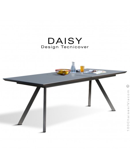 Table rectangulaire avec rallonge DAISY, pour milieu domestique en extérieur, structure acier peint anthracite.