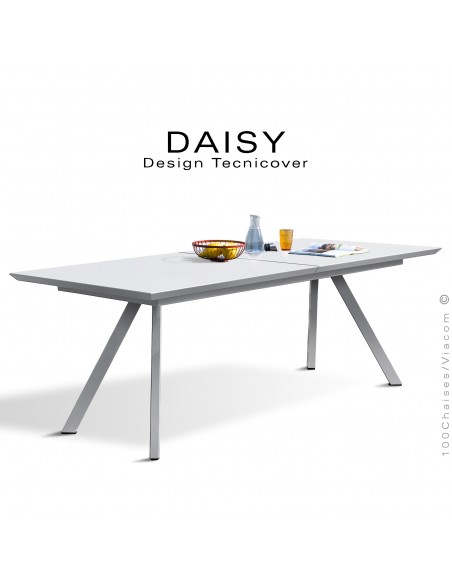 Table rectangulaire avec rallonge fermé DAISY, pour milieu domestique en extérieur, structure acier peint blanche.