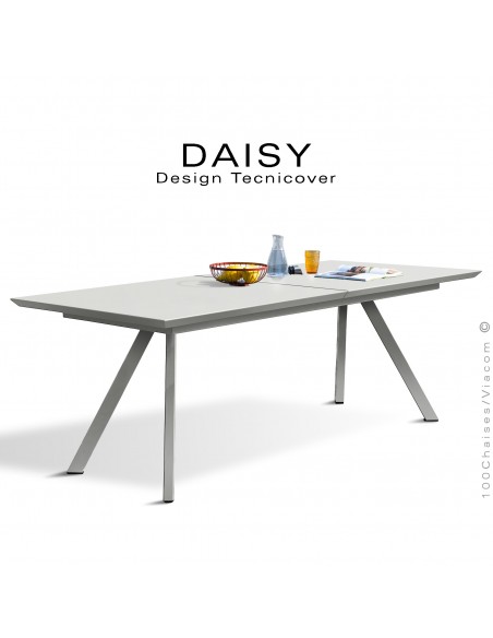 Table rectangulaire avec rallonge fermé DAISY, pour milieu domestique en extérieur, structure acier peint blanc perle.