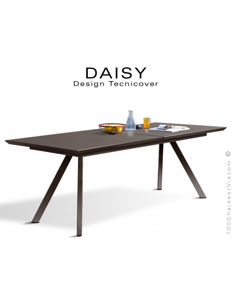 Table rectangulaire avec rallonge fermé DAISY, pour milieu domestique en extérieur, structure acier peint bronze.