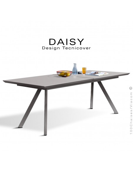 Table rectangulaire avec rallonge fermé DAISY, pour milieu domestique en extérieur, structure acier peint gris Tourterelle.