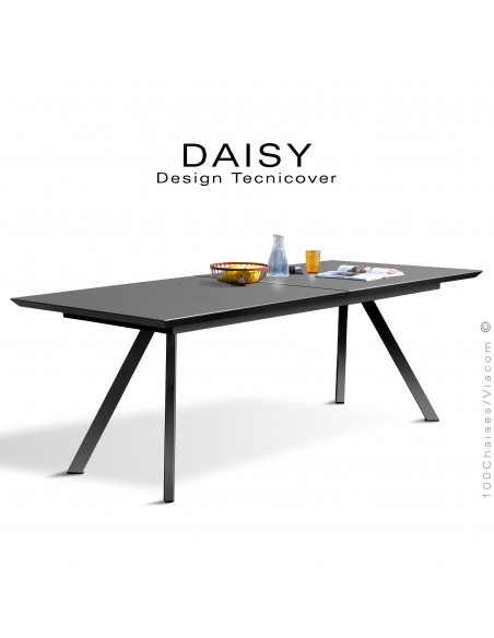 Table rectangulaire avec rallonge fermé DAISY, pour milieu domestique en extérieur, structure acier peint noir.