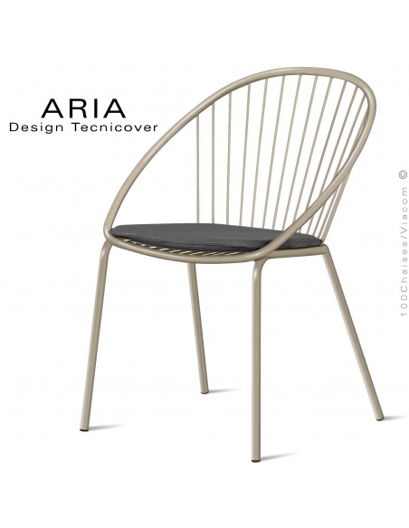 Chaise d'extérieur design ARIA, structure acier galvanisé peinture beige, assise avec coussin habillage tissu anthracite.