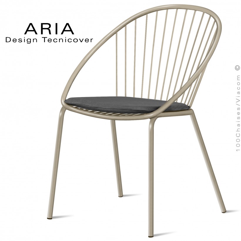 Chaise d'extérieur design ARIA, structure acier galvanisé peinture beige, assise avec coussin habillage tissu anthracite.