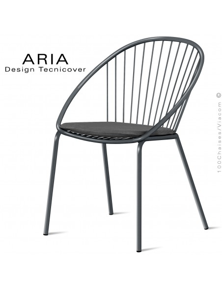 Chaise d'extérieur design ARIA, structure acier galvanisé peinture anthracite, assise avec coussin habillage tissu anthracite.