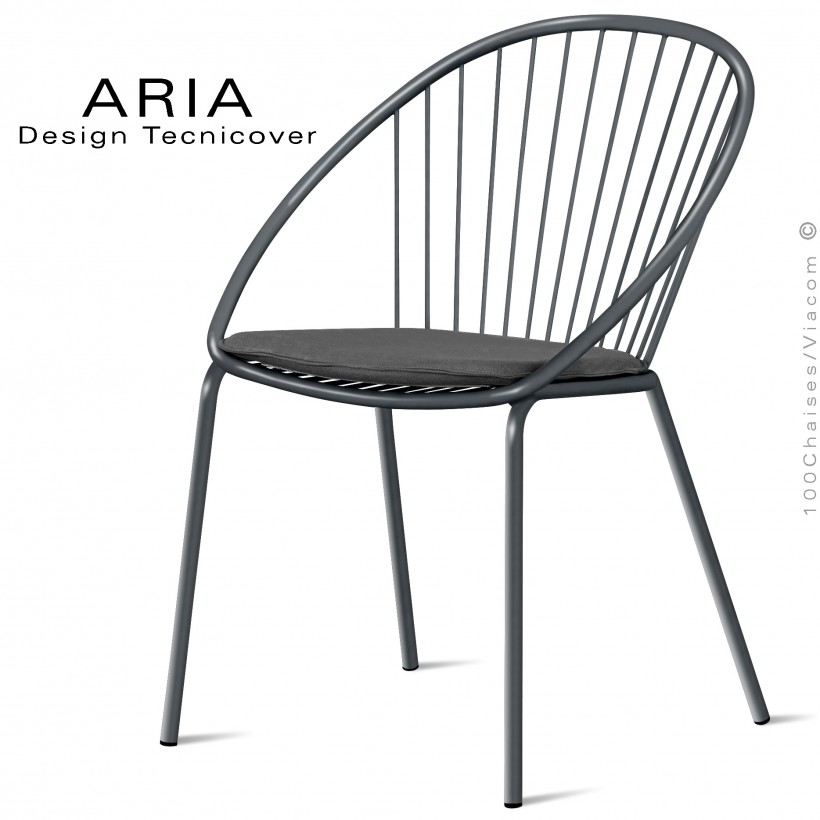 Chaise d'extérieur design ARIA, structure acier galvanisé peinture anthracite, assise avec coussin habillage tissu anthracite.