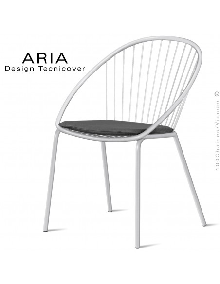 Chaise d'extérieur design ARIA, structure acier galvanisé peinture blanche, assise avec coussin habillage tissu anthracite.